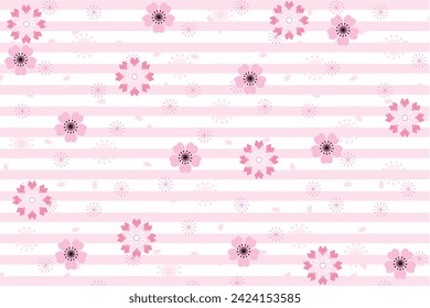 Ilustración, patrón abstracto de flor de sakura y pétalos cayendo con línea rosa claro sobre fondo blanco.