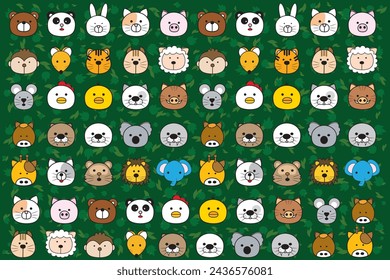 Illustration, pattern of animal face with leaf on green background.