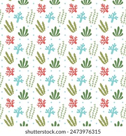 Fondo de patrón de ilustración de una combinación de algas y coral, plantas marinas en el mar con un concepto de verano.