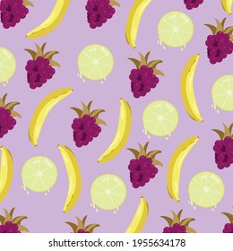 illustration pattern banana blackberry lime mix on a purple background