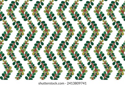 Illustration, Pattern of Banyan tree with fruits on white background.