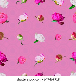 Illustration of a pattern with beautiful peonies on a graphic ornamental pink background