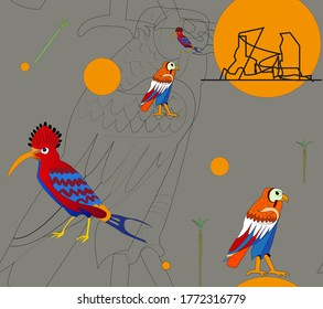 illustration pattern with birds and abstract figures