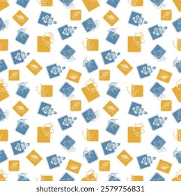 Illustration of a pattern with blue fish, algae on a yellow background.  
The design is created for prints, printing on fabric, décor, postcards.