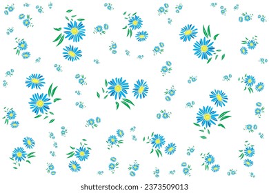 Illustration Pattern of the blue flower with leaves on white background.