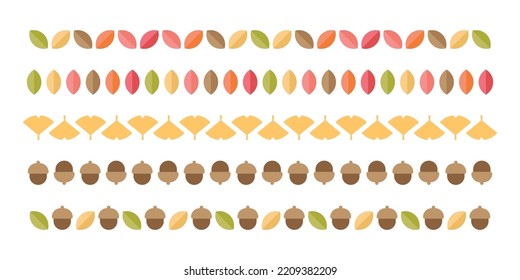 Illustration pattern border line set of colorful autumn concept fallen leaves, ginkgo leaves and acorn icon combinations.