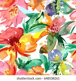 Illustration of a pattern with bright watercolor flowers