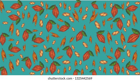 illustration pattern of brown fruit, peanut, leaf and wheat hand, Vector seamless pattern. food illustration. Exotic plants.