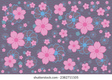 Ilustración, patrón de flor de flores de cerezo con timbre pequeña en el fondo de la ola japonesa.