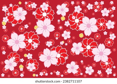 Illustration, Pattern of cherry blossom flower with small bell on red background.