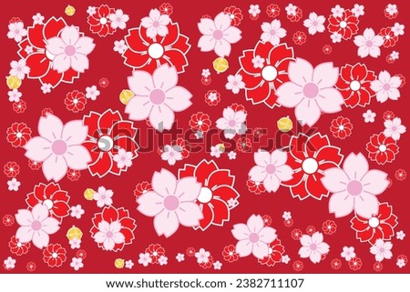 Illustration, Pattern of cherry blossom flower with small bell on red background.