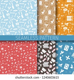 Illustration Pattern Concept Plumbing Fixture. Vector Cartoon Seamless Image Set Pattern Seamless Pattern. Silhouette Working Tool Plumbing, Electric Boiler, Battery, Toiletries, Washstand, Plunger.