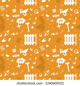 Illustration Pattern Concept Plumbing Fixture. Vector Cartoon Seamless Image Set Silhouette Working Tool Plumbing Company Worker Isolated on Yellow Background. Concept gift Wrapping, cards