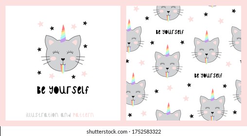 Illustration and pattern with cute cats unicorn. Cartoon cat vector illustration. Perfect for kids fabric, textile, nursery wallpaper.