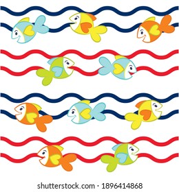 Illustration pattern cute fish with navy lines and background for fashion design or other products