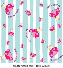 Illustration pattern cute lady bug purple with lines fabric background