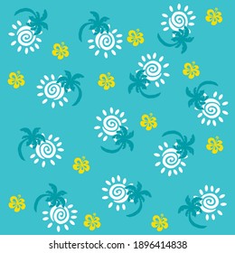 Illustration pattern cute palm with sun and hawaiian flower with background for fashion design