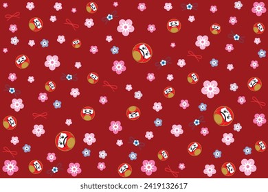 Illustration, Muster der japanischen Daruma-Dall mit Sakura-Blume auf tiefrotem Hintergrund.