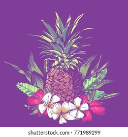 illustration of pattern design with exotic tropical flowers and leaves. vector