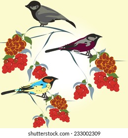 An illustration of a pattern with different birds sitting on a rowan tree.