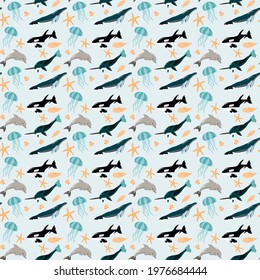 illustration pattern. dolphin. Whale. Orca. Jellyfish. Seashells