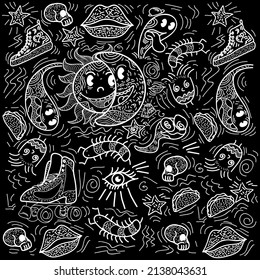 Illustration Pattern Doodle design with sun and moon faces eyes skulls and other figures fashion design