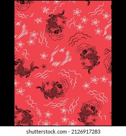 Illustration pattern fish japanese with flowers and waves fashion fabric design