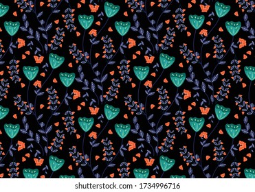 illustration pattern of a flower blooming with a stalk and leaves as well as a stalk and fruity from a flower with a black background
