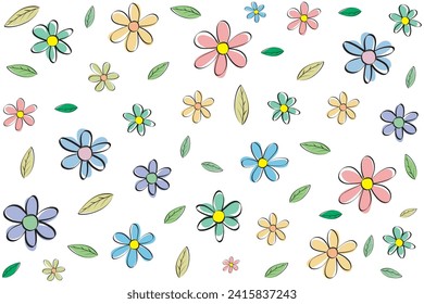 Patrón ilustrativo de flor con hoja sobre fondo blanco.