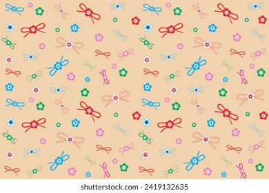 Illustration, pattern flower with ribbon on cream color background.