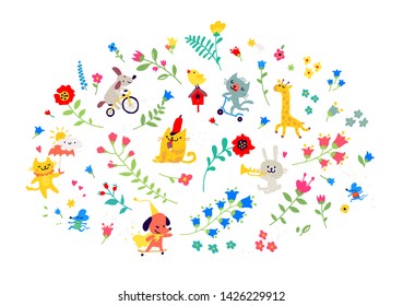 Illustration of a pattern of flowers and funny animals. Vector. Cartoon style. Floral elements for cards or greetings. Children's cosmetics, clothing, club. Flower ornament.