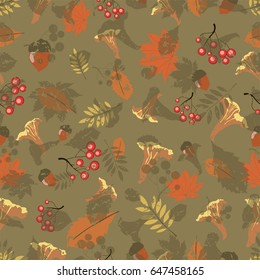 Illustration of a pattern with forest motifs, berries, leaves, mushrooms and acorns on a green-brown background