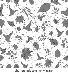 Illustration of a pattern with forest motifs, berries, leaves, mushrooms and acorns in black-and-white color