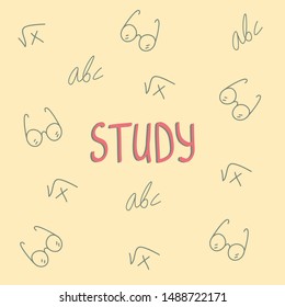 Illustration of pattern with glasses, a b c letters, square root and "study" word in pink color on a yellow background.