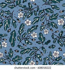Illustration of a pattern with graphic hand-made plants flowers leaves