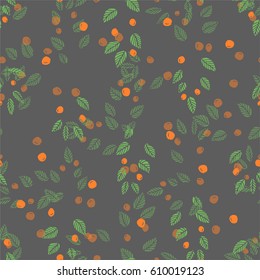 Illustration of a pattern with graphic hand-made plants, leaves and berries