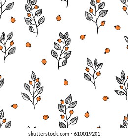 Illustration of a pattern with graphic hand-made plants, leaves and berries