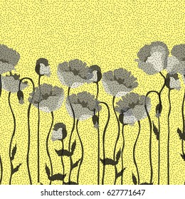 Illustration of a pattern with gray poppies on a yellow background