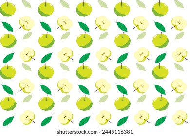 Illustration pattern of green apple with leaf on white background.