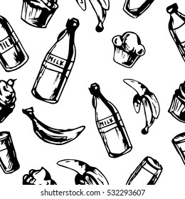 illustration of a pattern with hand drawings of the bottles with milk, muffins and bananas