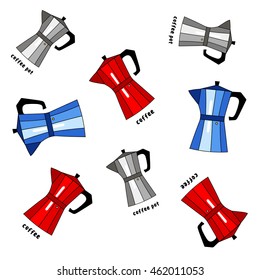Illustration pattern of hand drawn colorful  coffee maker red grey blue metal isolated on white background / vector eps 10