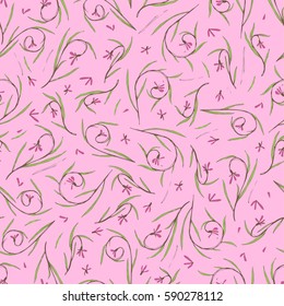 illustration of a pattern with hand graphic gentle spring-summer plants leaves and flowers