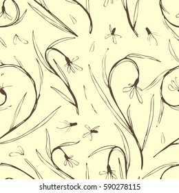 illustration of a pattern with hand graphic gentle spring-summer plants leaves and flowers