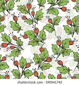 illustration of a pattern with hand-held graphics and plants and berries