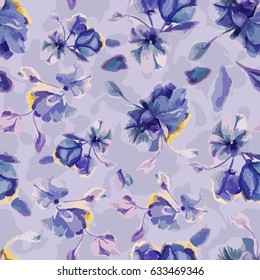 Illustration of a pattern with hand-held purple flowers