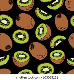 Illustration of a pattern with hand-written bright graphic kiwis