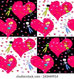 Illustration pattern with hearts and people