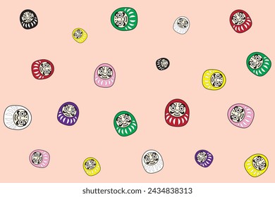 Illustration, pattern japan dall of daruma with lucky color on soft orange background.