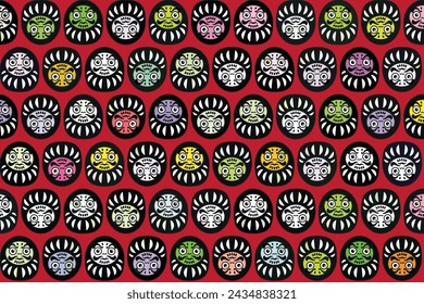 Illustration, pattern japan dall of daruma with lucky color on red background.