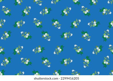 Illustration pattern of jasmine flower with leaves on blue color background.